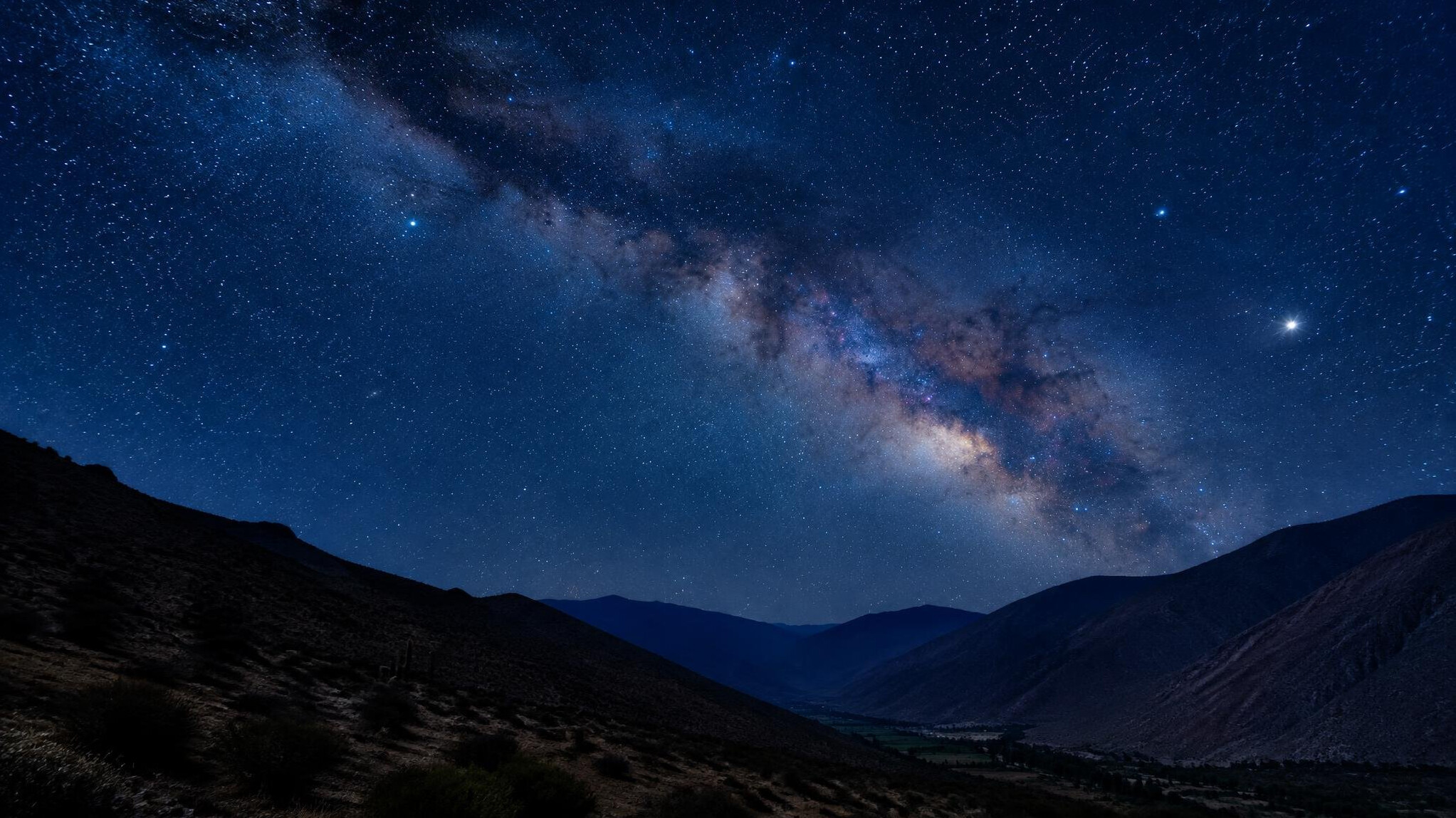 Clear starry night sky over the Elqui Valley in Chile