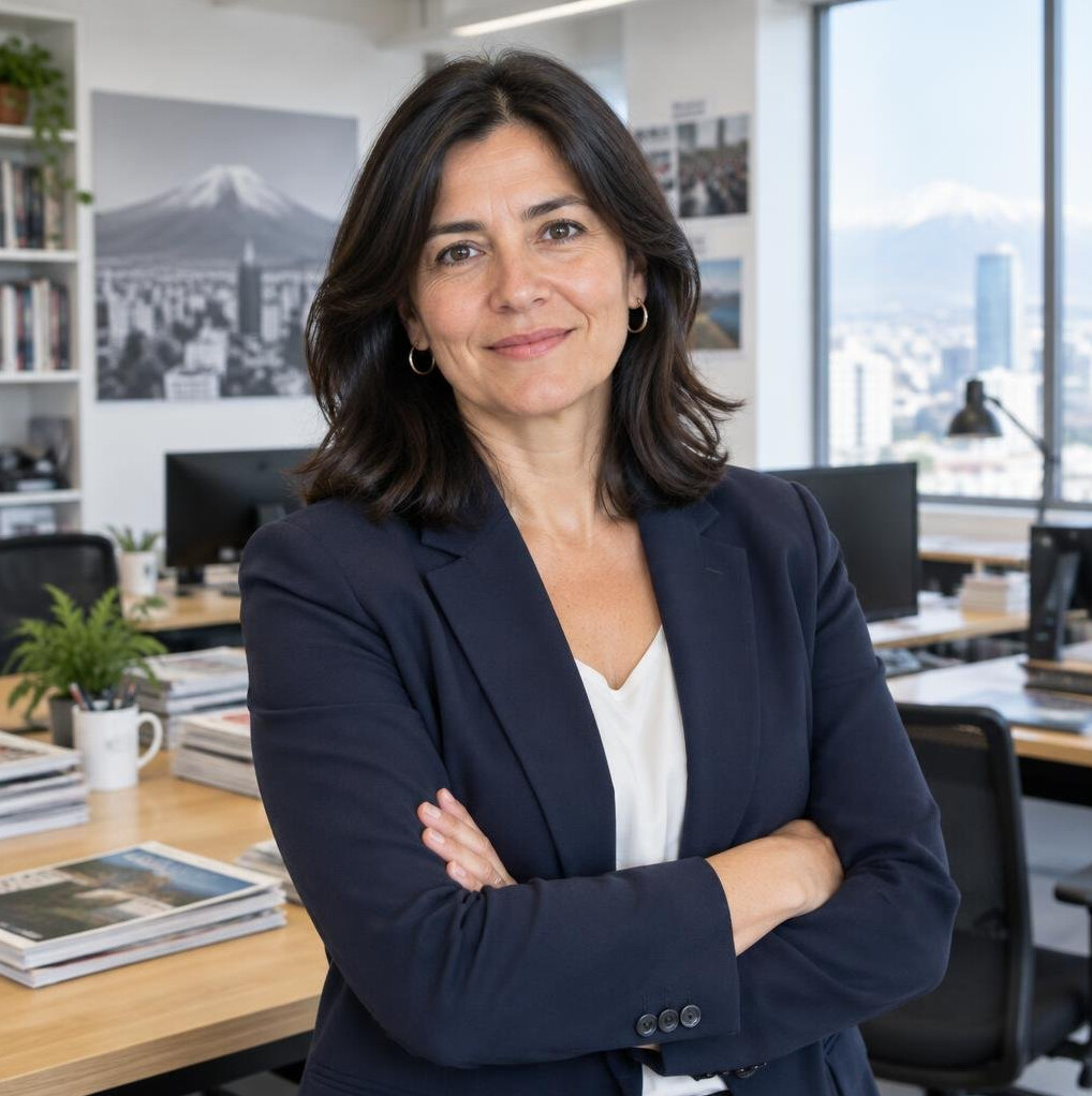 Portrait of a Chilean woman editor in her forties smiling softly in an office