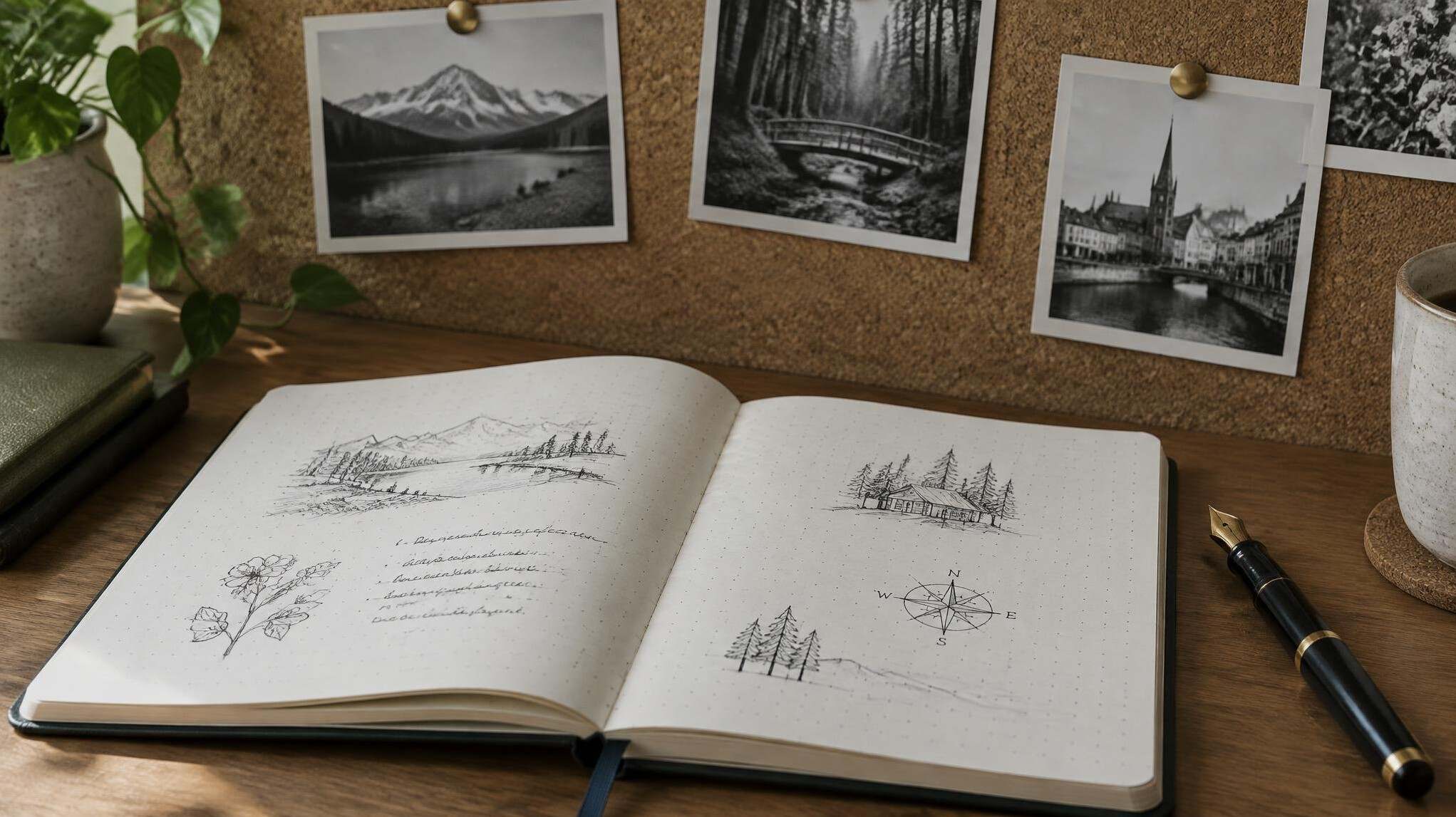 Open notebook with handwritten clues, pen and pinned photos