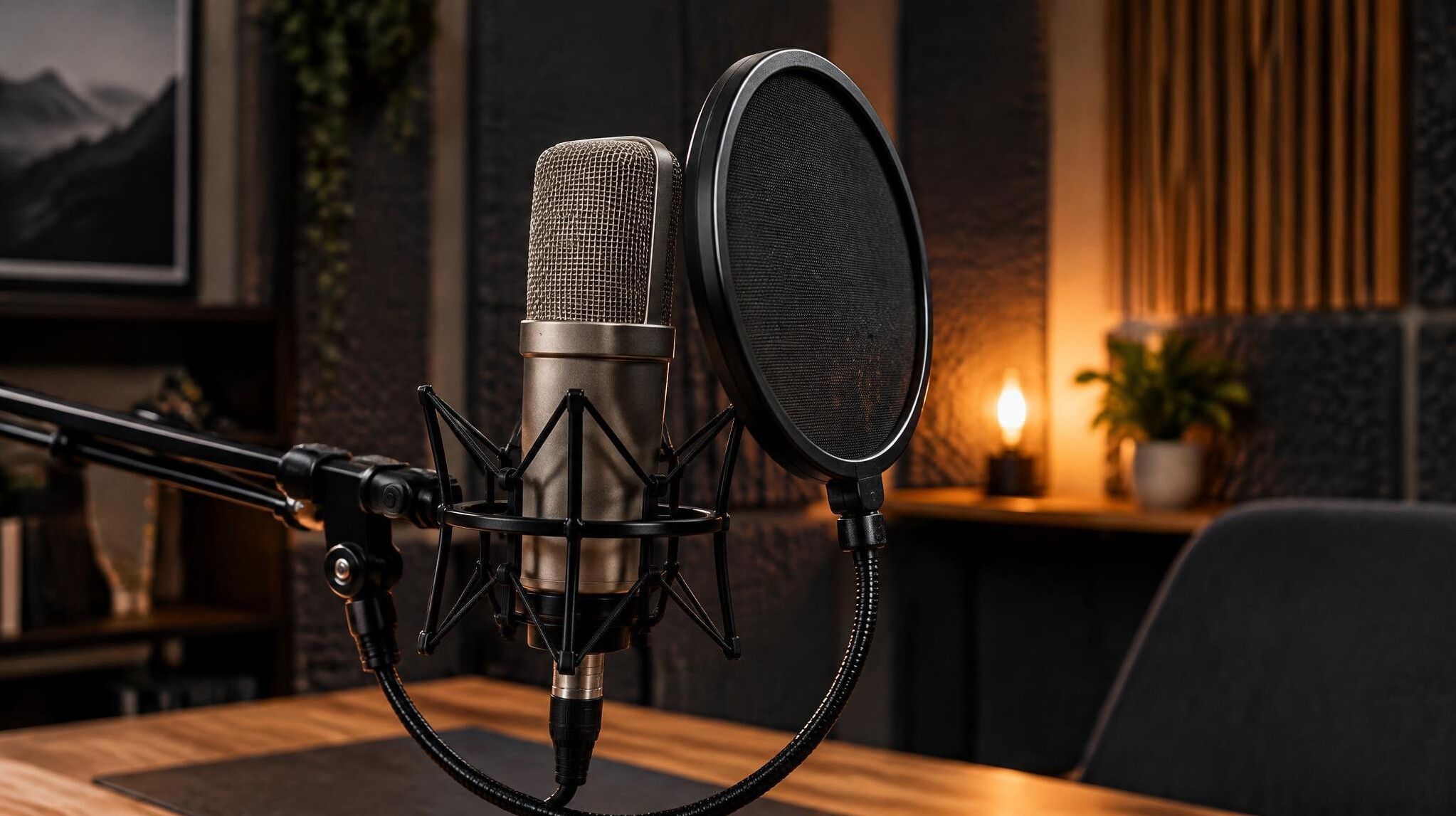 Podcast microphone in a quiet recording studio with acoustic panels