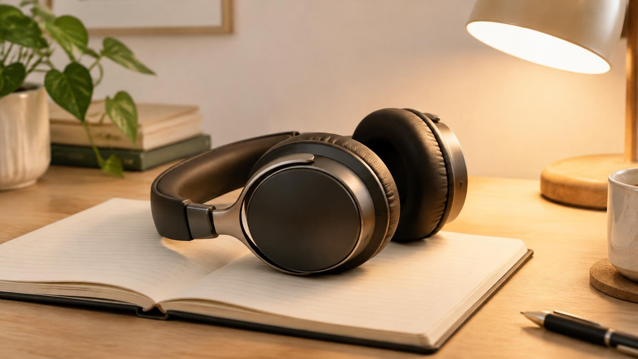 Over-ear headphones and a notebook on a desk with warm lamp light