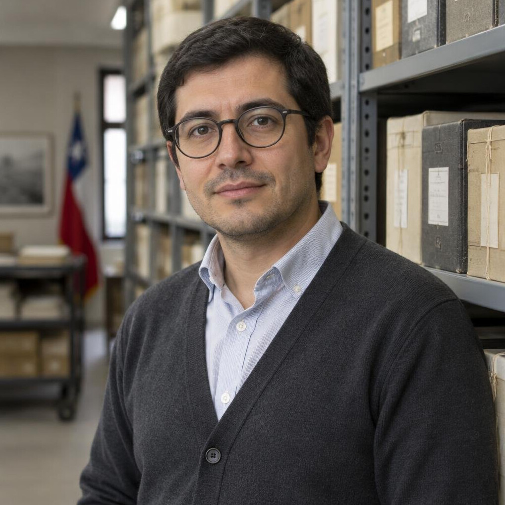 Portrait of a Chilean man archivist with glasses among archive shelves