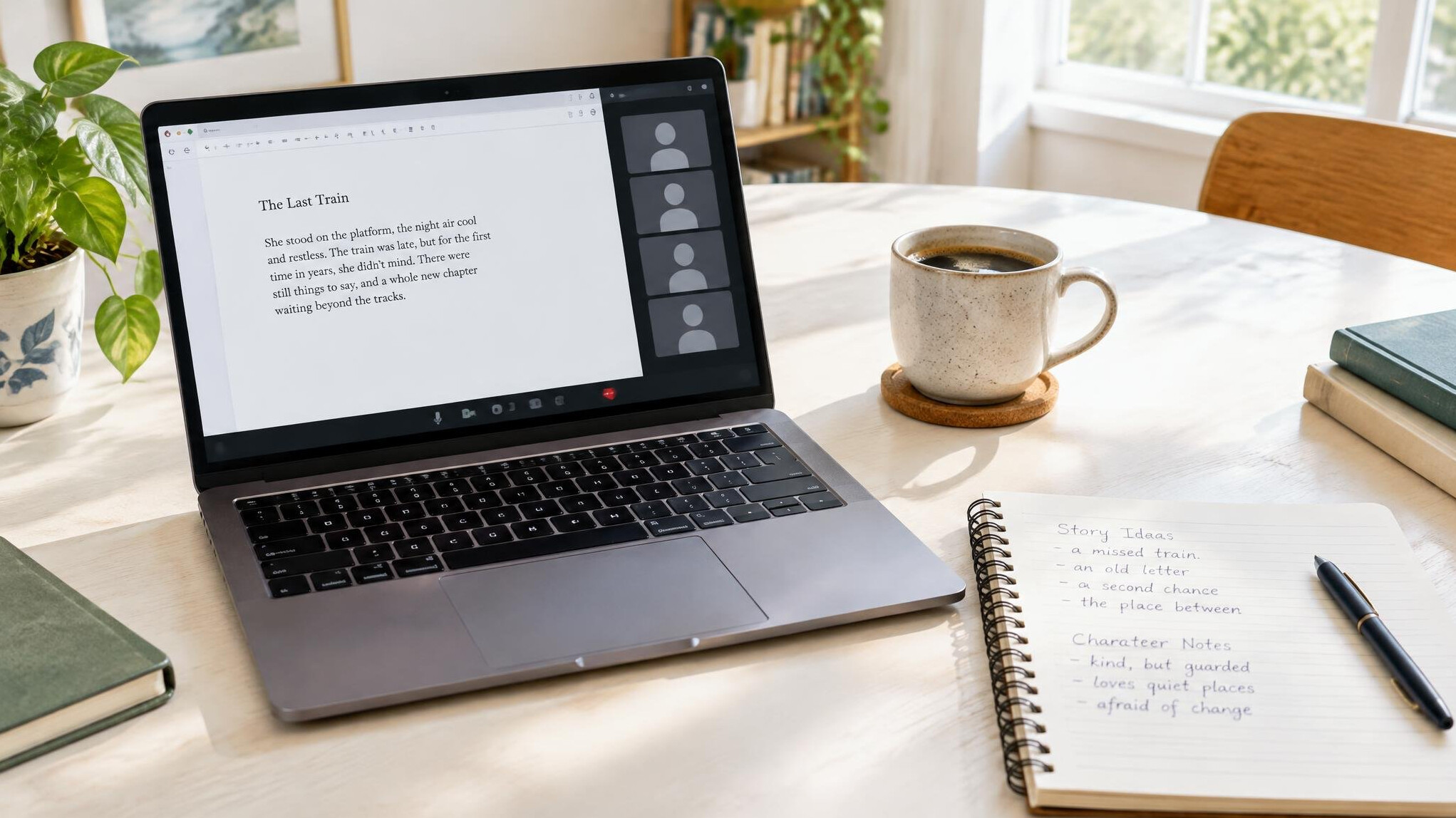 Laptop, notes and coffee on a table set up for an online writing workshop