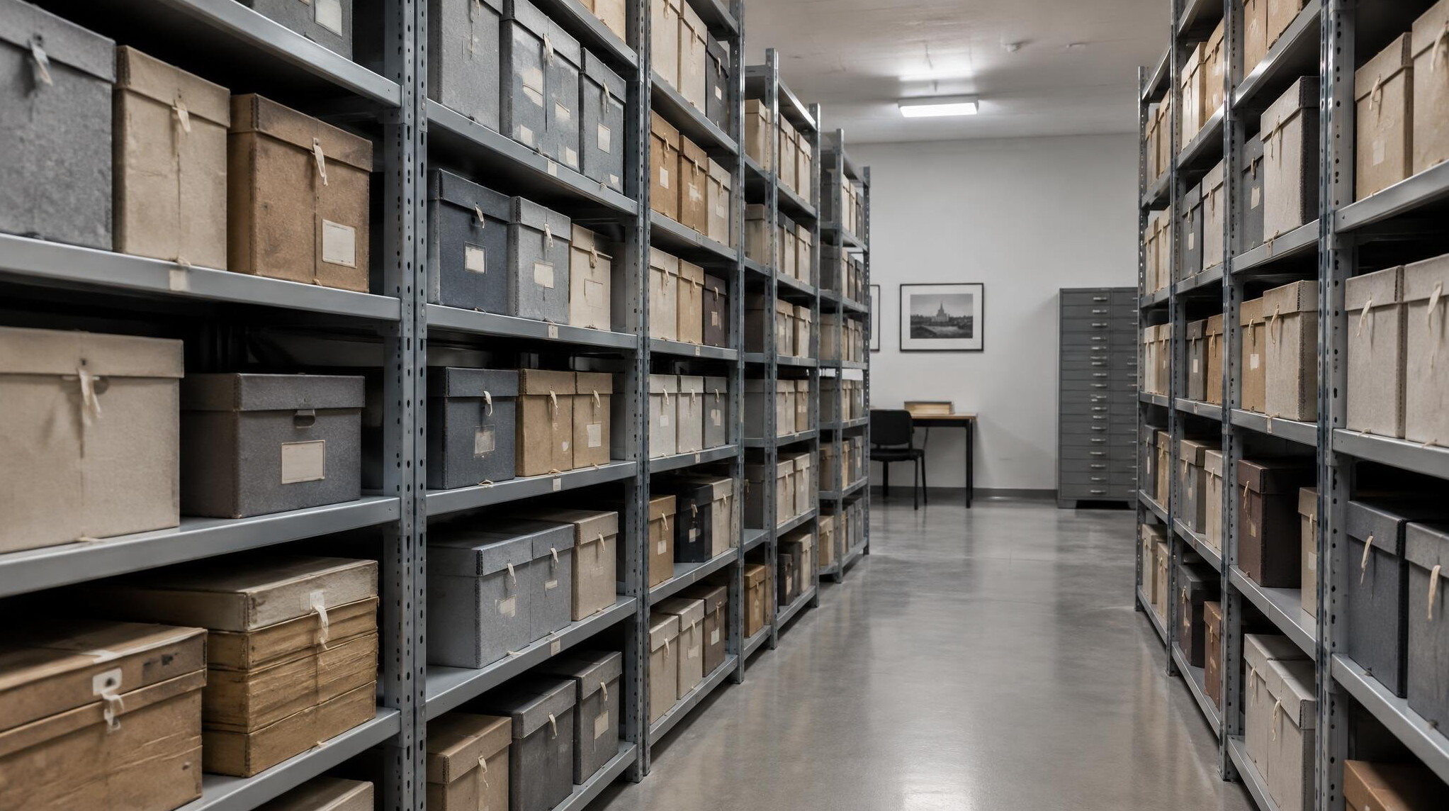 Archive shelves with old boxes and documents in a library room