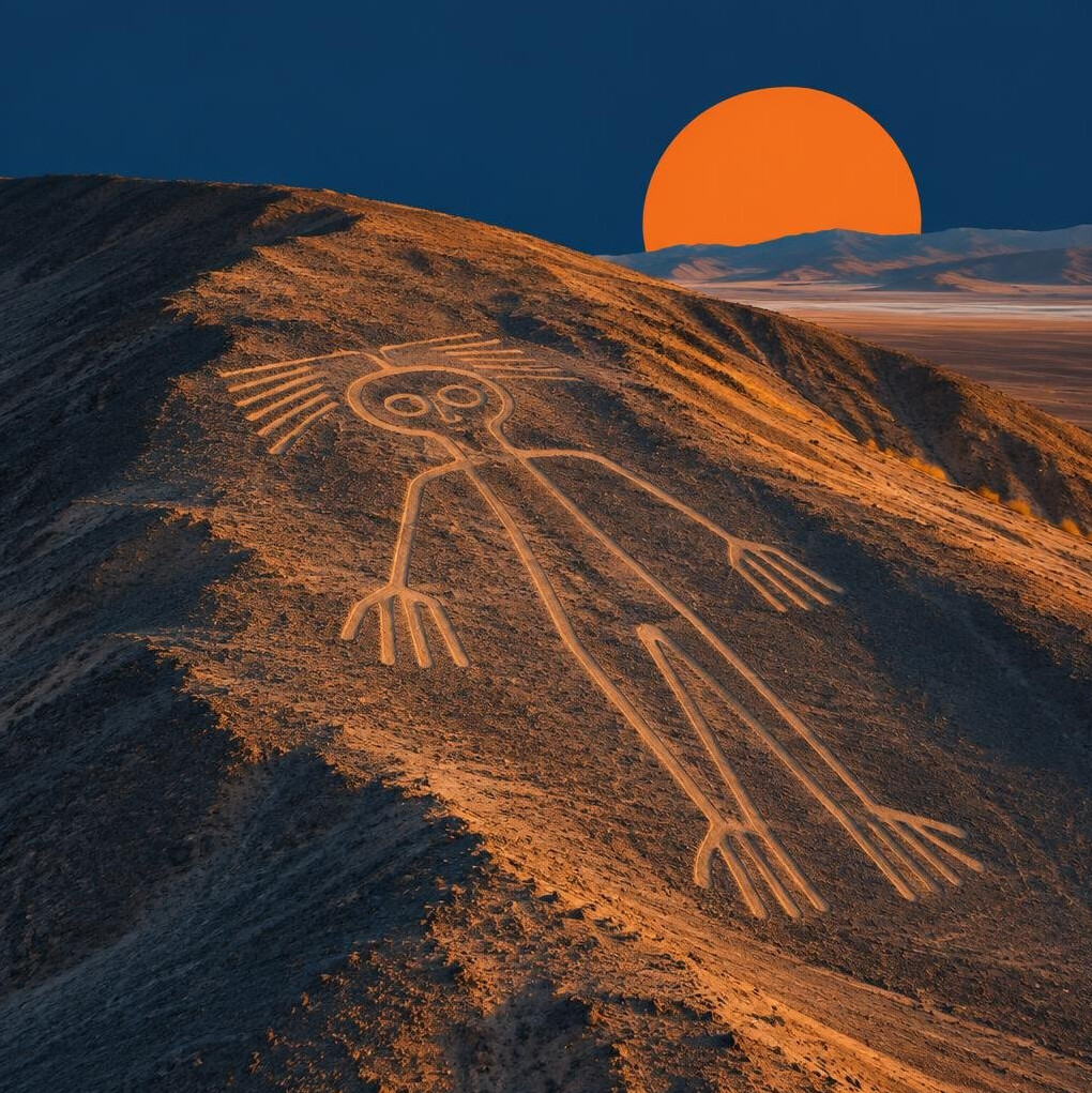 Giant geoglyph figure drawn on a desert hillside seen from above