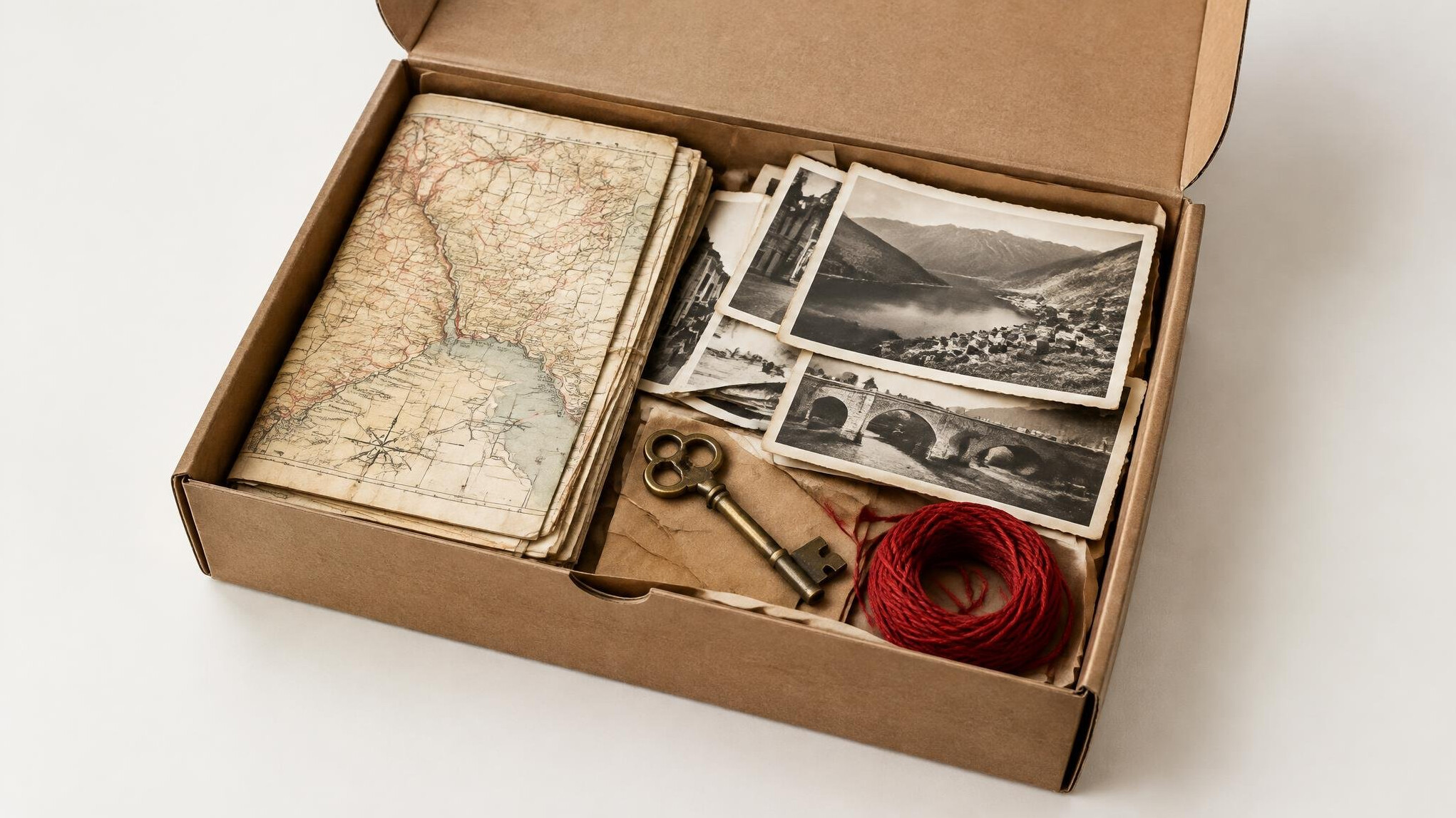 Open mystery box with old maps, photographs and a brass key