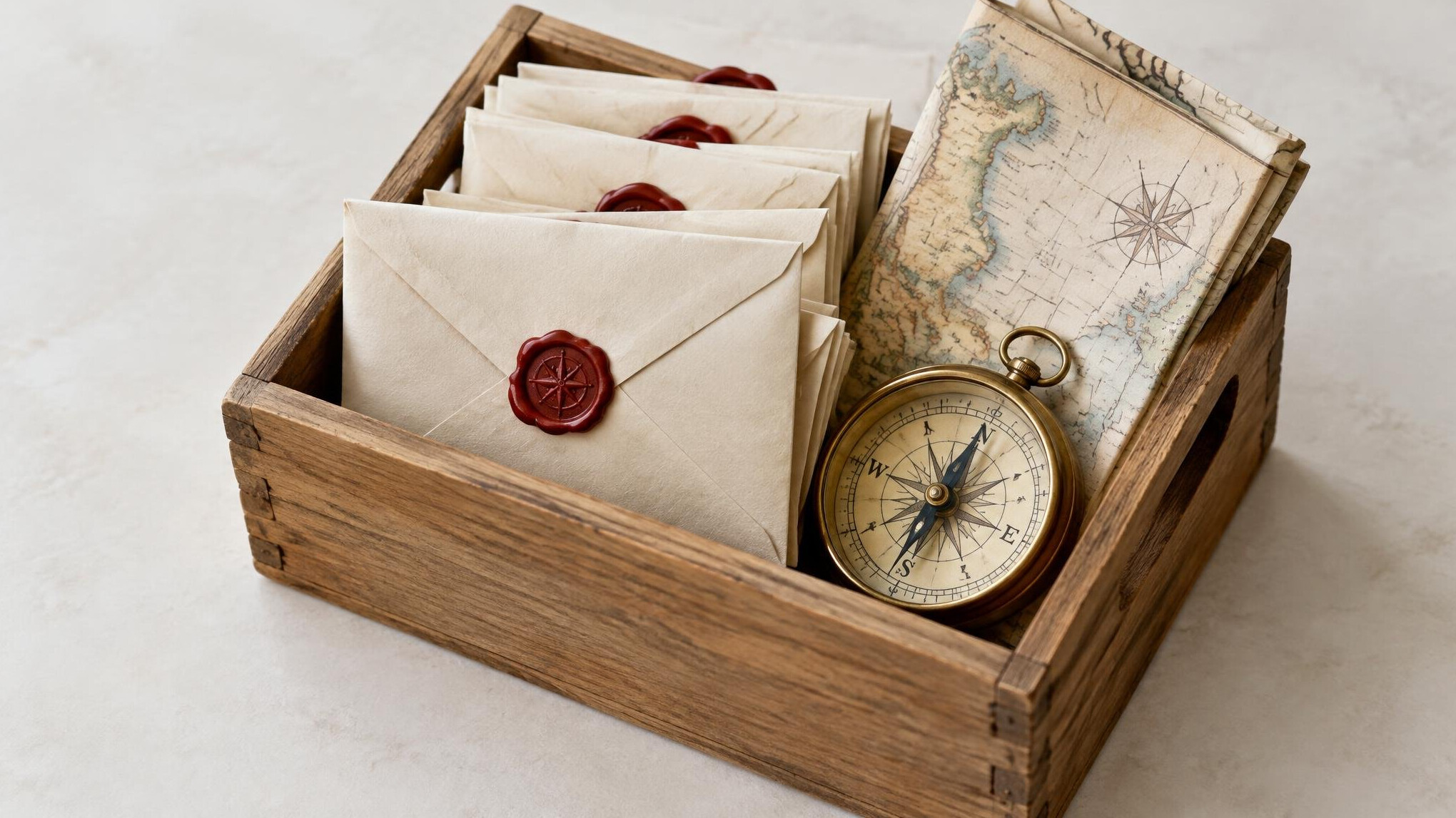 Wooden crate with sealed envelopes, wax seal and a compass