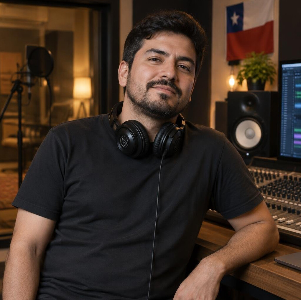Portrait of a Chilean man audio producer wearing headphones around his neck