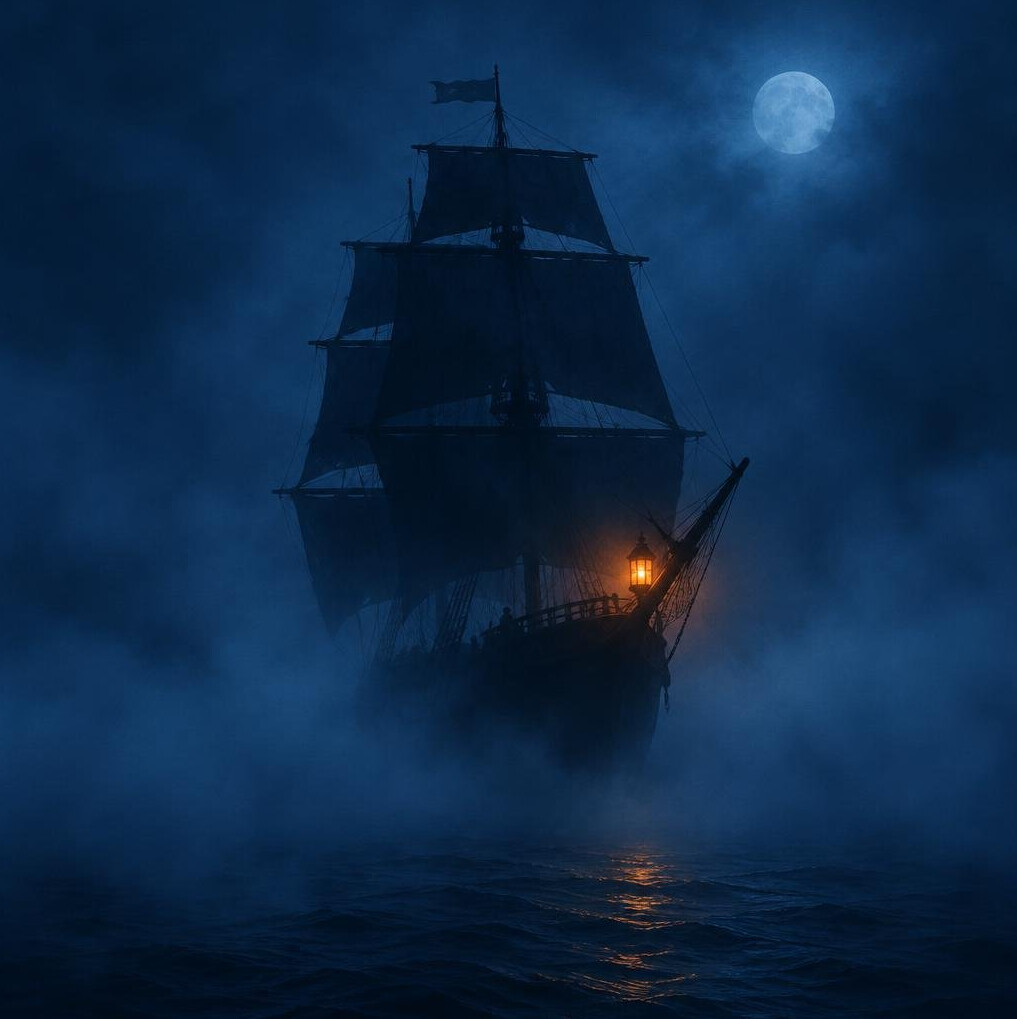 Ghost ship silhouette sailing in fog at night illustration cover