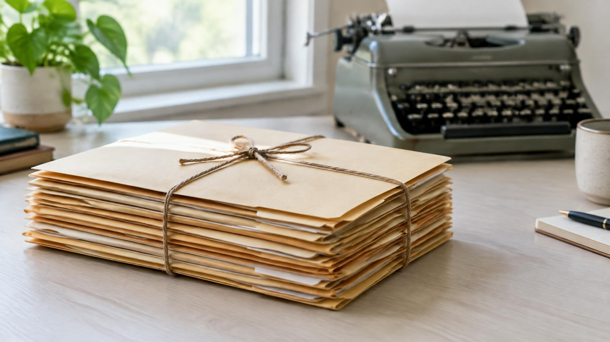 Stack of manila case folders tied with string on a desk
