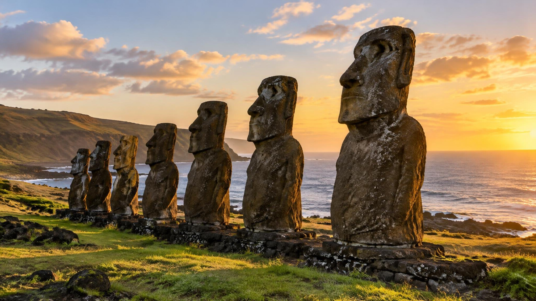Moai stone statues on a grassy coast of Easter Island at sunset
